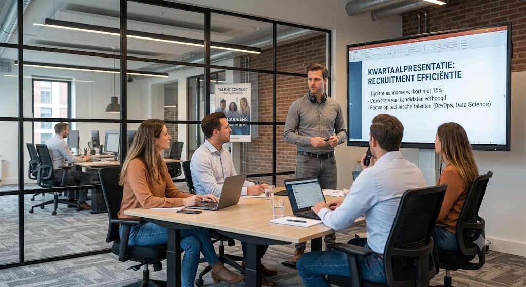 Overleg bij de klant met een presentatie op het scherm