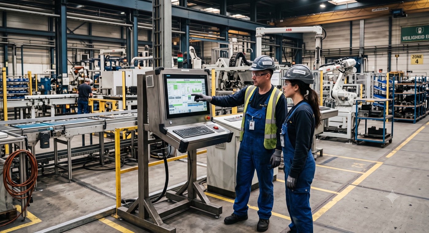 Operators bij het bedieningsscherm van een productiemachine